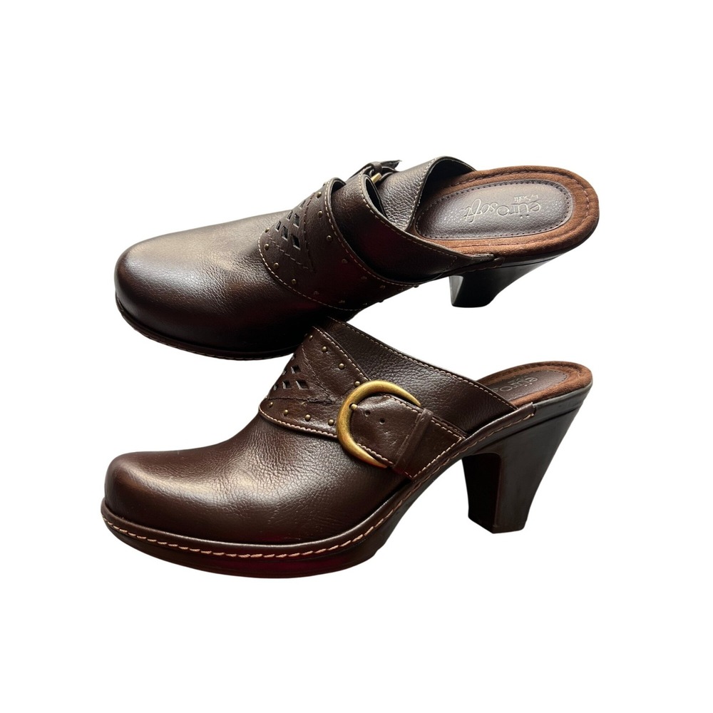 EuroSoft by Sofft Womens Brown‎ Leather Heeled Mules Buckle Clogs Size 7